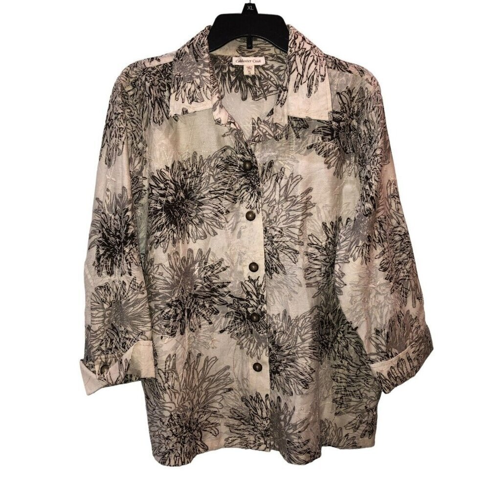 Coldwater Creek Womens Size XL Cream Floral Button Up Shirt Top Jacket Blazer